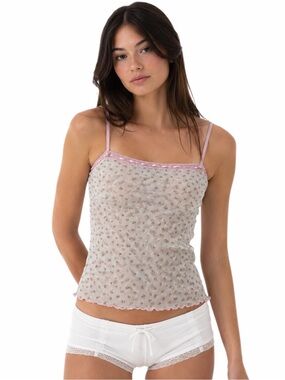 90s European Vintage Ditsy Floral Mesh Cami Top (White/Pink/Green) Size XS/S
